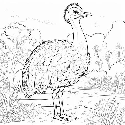 coloring page for kids, Ostrich, cartoon style, thick line, low detailm no shading