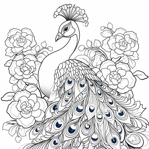coloring page for kids, Peacock, cartoon style, thick line, low detailm no shading