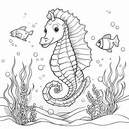 coloring page for kids, Seahorse, cartoon style, thick line, low detailm no shading