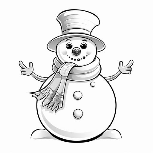 coloring page for kids, snowman, cartoon style, thick line, low detailm no shading