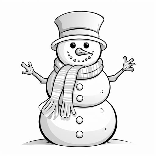 coloring page for kids, snowman, cartoon style, thick line, low detailm no shading