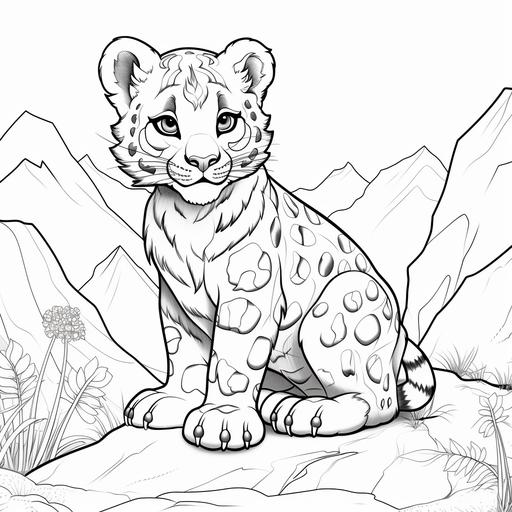 coloring page for kids,Snow Leopard , cartoon style, thick line, low detailm no shading