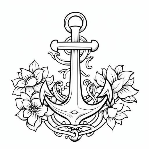Anchor cartoon style, coloring book, black and white, white background