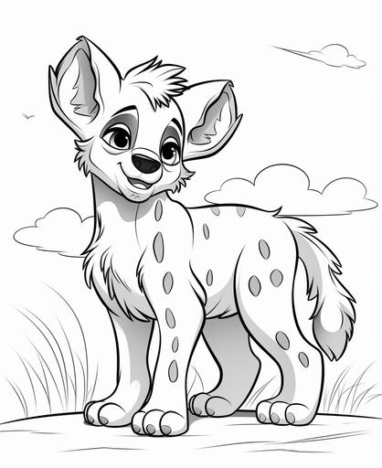 coloring page for kids, hyena, cartoon style, thick line, low detailm no shading --ar 9:11