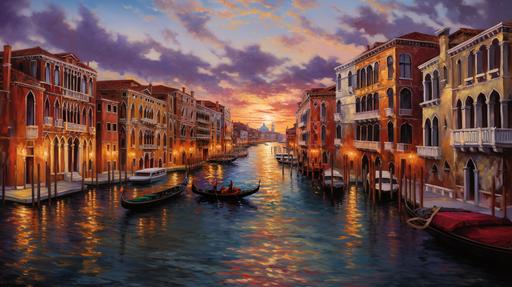 Venice sunset grand canal oil painting with gondalas and bridge --ar 16:9