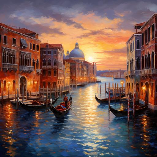 Venice sunset grand canal oil painting with gondalas and bridge
