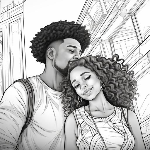 Coloring page for adults, black couples, long curly hair, cartoon style, thick lines, low detail, no shading--AR 9:11