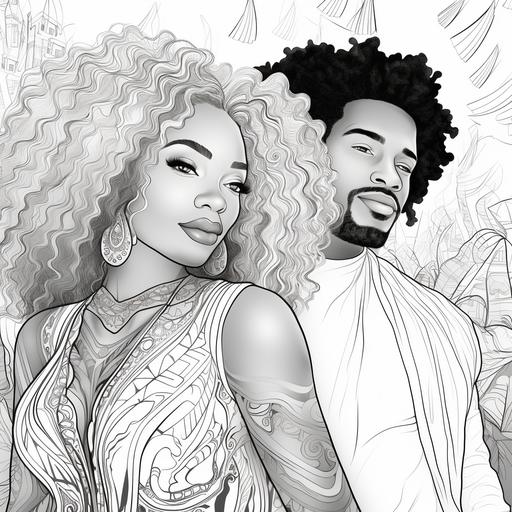 Coloring page for adults, black couples, long curly hair, cartoon style, thick lines, low detail, no shading--AR 9:11