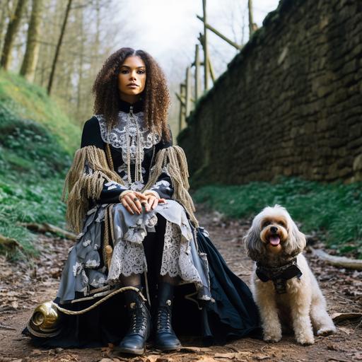 35 year old Zendaya wearing antique nun robes, serious expression, frizzy hair pulled back, standing next to a friendly sitting dog skeleton with dog skull for a head, cobblestone road surrounded by nature