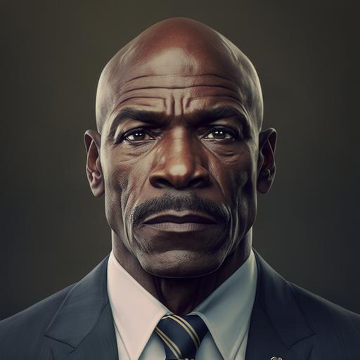 35 year old man, African American. Six feet one inch tall with a muscular build. wearing a navy-blue suit, white shirt, and light-yellow tie. Brown eyes. Photorealistic image. upangle wide shot, police department conference room. Resembles Louis Gossett Jr.