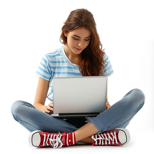 35 year old woman, blue eyes, brunette, wearing jeans, light blue t-shirt, short socks, Red Converse Allstar sneakers, sitting on the floor, using MacBook, silver laptop, hyper-real, looking at the screen, her two hands on the laptop's keyboard, she's typing, smiling, white background, slight shadow on the floor, an isolated, professional photo aspect ratio 1:1, natural lighting, realistic, high resolution, creative, Unsplash style, clear copy space on the t-shirt --v 6.0