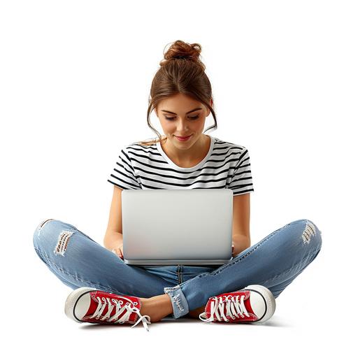 35 year old woman, blue eyes, brunette, wearing jeans, striped t-shirt, short socks, Red Converse Allstar sneakers, sitting on the floor, using MacBook, silver laptop, hyper-real, looking at the screen, her two hands on the laptop's keyboard, she's typing, smiling, white background, slight shadow on the floor, an isolated, professional photo aspect ratio 1:1, natural lighting, realistic, high resolution, creative, Unsplash style --v 6.0 --style raw