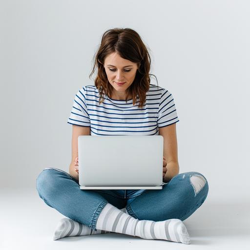 35 year old woman, blue eyes, brunette, wearing jeans, striped t-shirt, short white socks, sitting on the floor, using MacBook, silver laptop, hyper-real, looking at the screen, her two hands on the laptop's keyboard, she's typing, smiling, white background, slight shadow on the floor, an isolated, professional photo aspect ratio 1:1, natural lighting, realistic, high resolution, creative, Unsplash style --v 6.0 --style raw