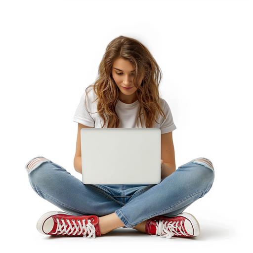 35 year old woman, blue eyes, brunette, wearing jeans, a simple white t-shirt, no pattern, short socks, Red Converse Allstar sneakers, sitting on the floor, using MacBook, silver laptop, hyper-real, looking at the screen, her two hands on the laptop's keyboard, she's typing, smiling, white background, slight shadow on the floor, an isolated, professional photo aspect ratio 1:1, natural lighting, realistic, high resolution, creative, Unsplash style --v 6.0 --style raw