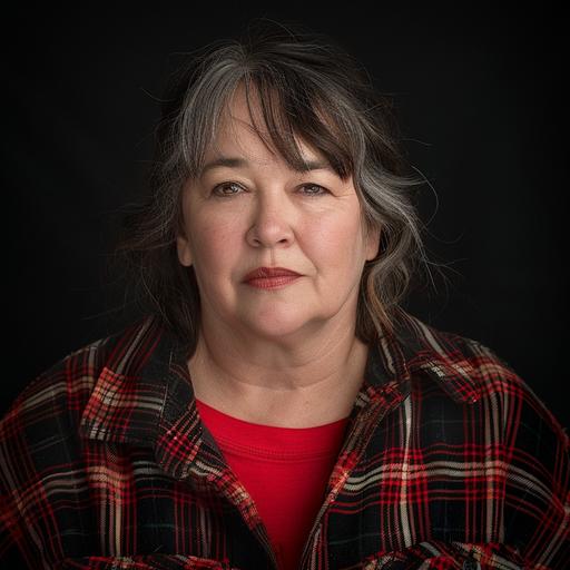 35 year old woman, kathy bates, 1920s red and black plaid flannel clothing, hyper-detailed, realistic, hdr, 85mm, f2.0, in high resolution, hyper-maximalism, 8k 3d, all details are well defined, focus, atmospheric perspective, Photo taken with a professional camera, black background, v6.0 --v 6.0