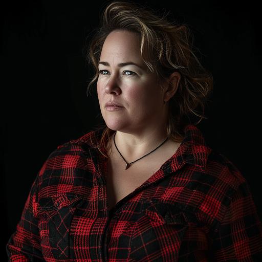 35 year old woman, kathy bates, 1920s red and black plaid flannel clothing, hyper-detailed, realistic, hdr, 85mm, f2.0, in high resolution, hyper-maximalism, 8k 3d, all details are well defined, focus, atmospheric perspective, Photo taken with a professional camera, black background, v6.0 --v 6.0