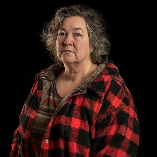 35 year old woman, kathy bates, 1920s red and black plaid flannel clothing, hyper-detailed, realistic, hdr, 85mm, f2.0, in high resolution, hyper-maximalism, 8k 3d, all details are well defined, focus, atmospheric perspective, Photo taken with a professional camera, black background, v6.0