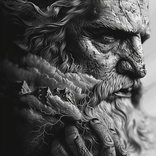 A black and white realistic tattoo interpretation of Zeus as seen in the image, his hand holding a bolt of lightning, with the grandeur of Mount Olympus rising behind him. The design focuses on intricate details and contrasts to depict the textures of his beard and the rugged terrain of the mountain, all in a dramatic and lifelike tattoo style. Created Using: detailed etching, contrasting depths, realistic textures, focus on light and shadow, atmospheric sky and mountain effects, hd quality, natural look --ar 1:1 --v 6.0