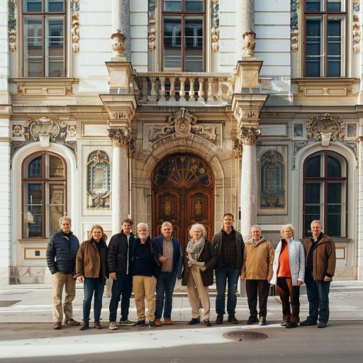 A hyper-realistic image of 12 individuals, a mix of young and elderly, standing in front of a classic Viennese building in the heart of Austria's city. They're all dressed in normal, everyday attire, looking directly into the camera with smiles. The building behind them features iconic European architectural details such as ornate facades and tall windows, characteristic of Austrian urban design. The group's casual clothing contrasts with the historical elegance of the city backdrop, under the clear, sunny sky, reflecting a moment of shared joy and unity. Created Using: ultra-high resolution, detailed urban architecture, realistic textures of clothing, natural city light, dynamic expressions, authentic Viennese backdrop --v 6.0
