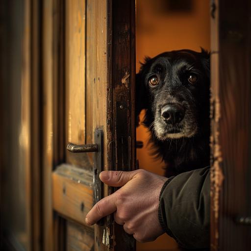 A photo-realistic depiction from the vantage point of someone exiting a German home, with their hand on the door ready to close it. The door is almost shut, leaving a narrow gap through which a forlorn dog is visible, looking directly towards the door with a melancholic expression. The owner's hand is in focus, pressing the door, while the dog's figure is seen in the warm-lit background, highlighting the sad farewell. The detailed image captures the texture of the wooden door, the comforting interior of a German home, and the emotional weight of the moment, contrasting the cozy atmosphere with the dog's sense of longing. Created Using: close-up on hand and door, blurred background with dog, emotive animal portrayal, warm indoor ambiance, depth of field, hd quality, natural look --ar 1:1 --v 6.0