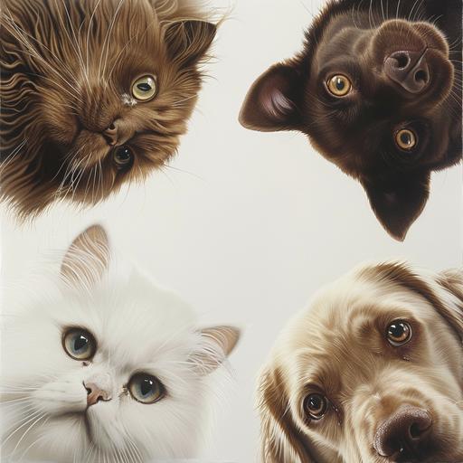 A strikingly realistic image with the heads of two cats and two dogs--a fluffy white Persian cat, a sleek Siamese cat, a golden retriever, and a chocolate labrador--peeking from the four corners of the frame. Their fur textures are so detailed they seem touchable, and each face is full of life, eyes gleaming as they look toward the camera against the stark white center. Created Using: hyper-realistic rendering, fine texture detailing, accurate color representation, clear focus, high fidelity, directional lighting, hd quality, natural look --ar 1:1 --v 6.0
