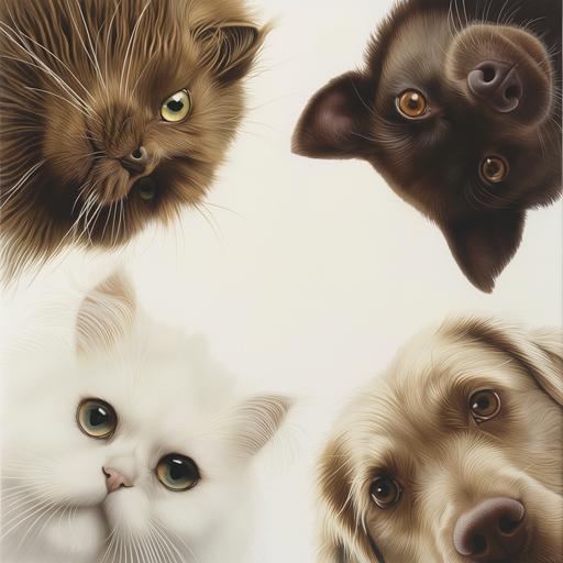 A strikingly realistic image with the heads of two cats and two dogs--a fluffy white Persian cat, a sleek Siamese cat, a golden retriever, and a chocolate labrador--peeking from the four corners of the frame. Their fur textures are so detailed they seem touchable, and each face is full of life, eyes gleaming as they look toward the camera against the stark white center. Created Using: hyper-realistic rendering, fine texture detailing, accurate color representation, clear focus, high fidelity, directional lighting, hd quality, natural look --ar 1:1 --v 6.0
