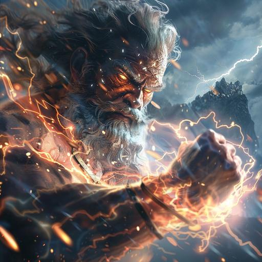 A tattoo of Zeus in a majestic pose with a stern face and a grand beard, as detailed and lifelike as the tattoo style in the uploaded image. His hand is clutching a dynamic thunderbolt, with sparkling lights emanating from it. The background unfolds the grand peaks of Mount Olympus, with the sky filled with ominous thunderclouds and piercing lightning, enhancing the display of Zeus's power. Created Using: realistic shading, texture detailing, atmospheric effects, dynamic lighting, lifelike portrayal, powerful expression, hd quality, natural look --ar 1:1 --v 6.0