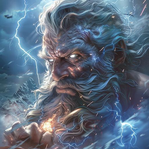 A tattoo of Zeus in a majestic pose with a stern face and a grand beard, as detailed and lifelike as the tattoo style in the uploaded image. His hand is clutching a dynamic thunderbolt, with sparkling lights emanating from it. The background unfolds the grand peaks of Mount Olympus, with the sky filled with ominous thunderclouds and piercing lightning, enhancing the display of Zeus's power. Created Using: realistic shading, texture detailing, atmospheric effects, dynamic lighting, lifelike portrayal, powerful expression, hd quality, natural look --ar 1:1 --v 6.0