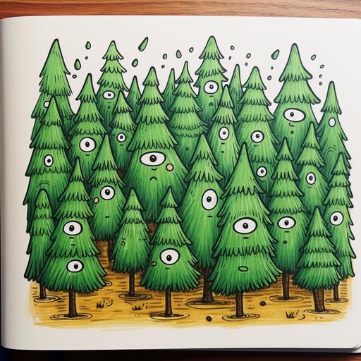 A lot of little pine trees with eyes doodle style, full page , line work, with color, sticker