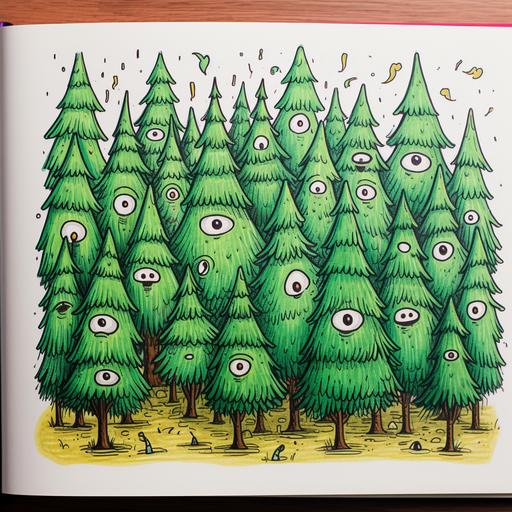 A lot of little pine trees with eyes doodle style, full page , line work, with color