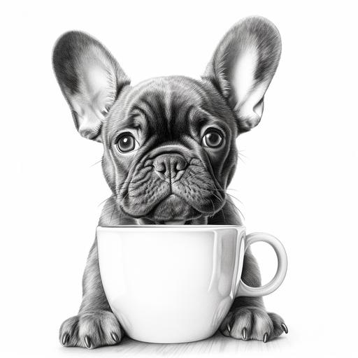 black and white pencil drawing, realistic, cute french bulldog with hot latte mug, no background