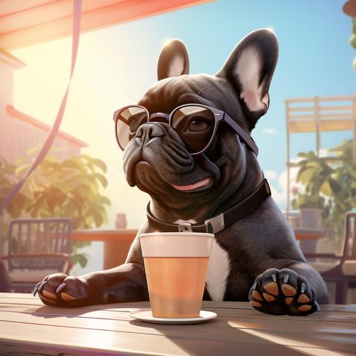 cartoon french bulldog drinking a coffee on a sunny morning