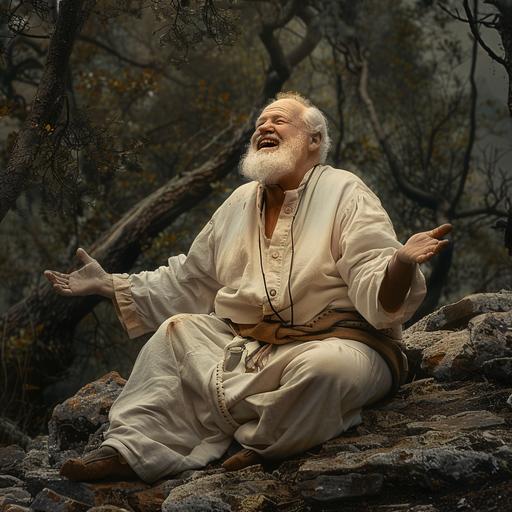photo, hyper realistic, old fat white man, sitting on a rock, joyful, in a robe, in the woods