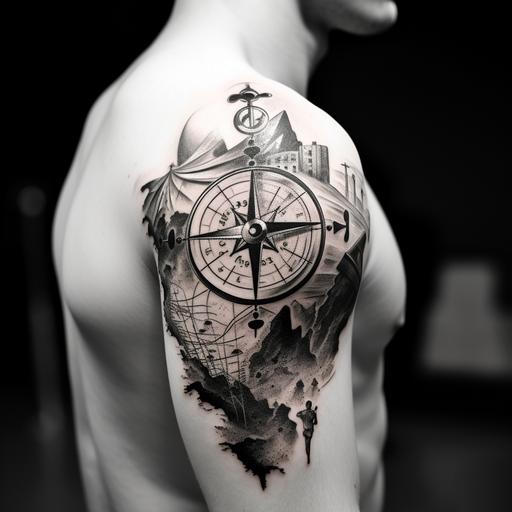 a black and white tattoo combining a beautiful compass, old school style map and an inner citidel inspired by stoicism. The tattoo starts on the shoulder of a man and does to just after his elbow