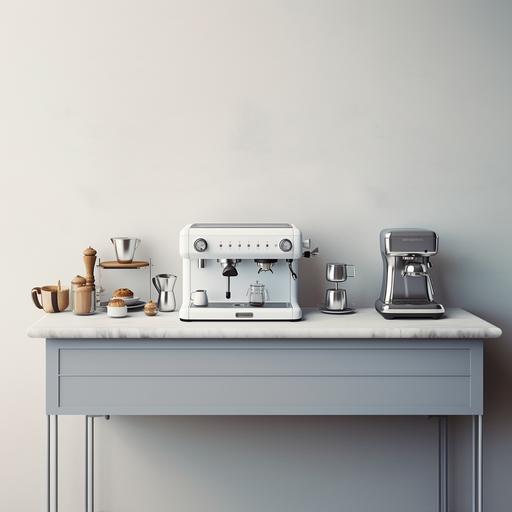 American family scene, white walls, granite countertop, close-up camera, three-quarter overhead view, three-point perspective, product perspective, coffee machine, chef machine, bread machine, wall socket, minimalist style, high-end texture --v 5.2