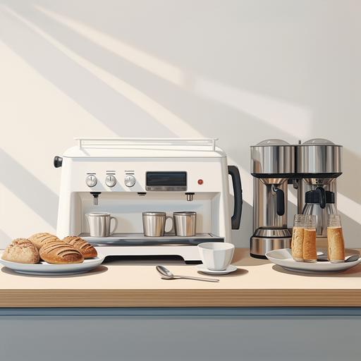 American family scene, white walls, granite countertop, close-up camera, three-quarter overhead view, three-point perspective, product perspective, coffee machine, chef machine, bread machine, wall socket, minimalist style, high-end texture --v 5.2