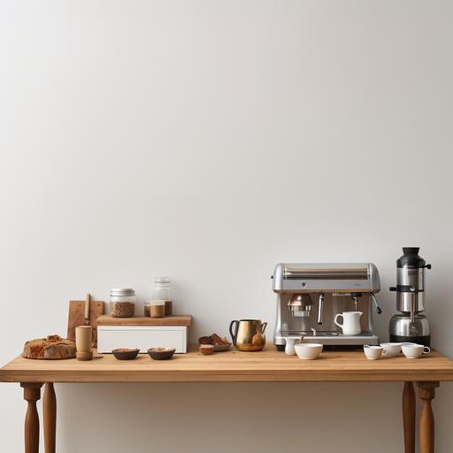 American family scene, white walls, wooden table, close-up camera, three-quarter overhead view, three-point perspective, product perspective, coffee machine, chef machine, bread machine, wall socket, minimalist style, high-end texture --v 5.2