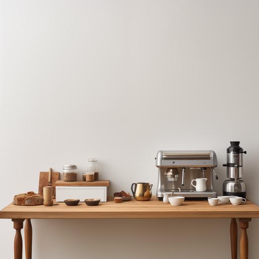 American family scene, white walls, wooden table, close-up camera, three-quarter overhead view, three-point perspective, product perspective, coffee machine, chef machine, bread machine, wall socket, minimalist style, high-end texture --v 5.2