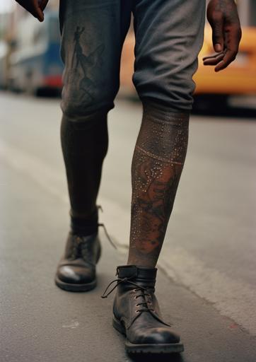 35mm film, depth of field, grain, raw candid photo, 1980s style photo, 50mm lens, a photorealistic image of a black man's leg with tattoo on his upper leg, the light is natural and atmospheric, snapshot, grunge, street photography --ar 5:7 --s 625