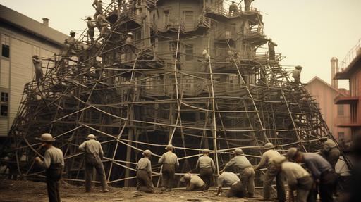 35mm film photography of one thousand men working to build a pyrimid as an ant colony would, photo taken in 1905 in a downtown metro area, in Agfa Vista stye --ar 16:9