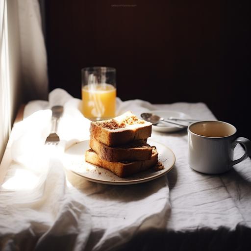 35mm film photography, realistic [BRIOCHE-FRENCH TOAST with WALNUT BREADING allover and MAPLE SIROUP] MINIMALISTIC, moody tones, moody white, rustic table, Editorial Photography, soft daylight, forevermagazine, minimalismn - inspired food photography, with a fujifilm superia, grainy, 4K --no flowers --style raw