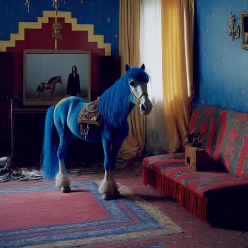 35mm film still of 70s home interior with circus horse wearing red, yellow walls made of melted wax, and cobalt blue persian rugs