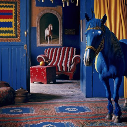 35mm film still of 70s home interior with circus horse wearing red, yellow walls made of melted wax, and cobalt blue persian rugs