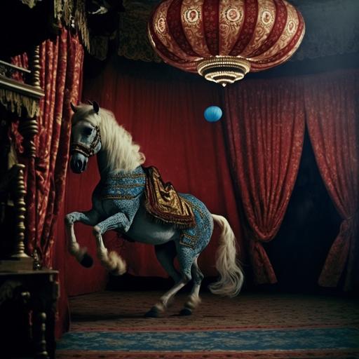 35mm film still of horse rearing in circus costume, frilly and extravagaent, in circus home, with blue wallpaper, red persian rugs, red lanterns and gold accents