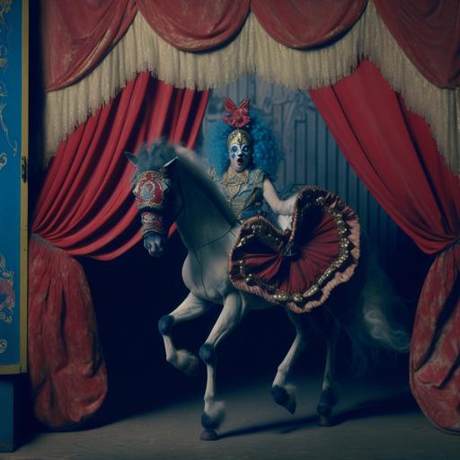 35mm film still of horse rearing in circus costume, frilly and extravagaent, in circus home, with blue wallpaper, red persian rugs, red lanterns and gold accents