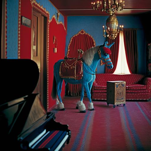35mm film still of live saddled mule in interior of frank lloyd wright home with red carpets, blue walls, persian rugs, gold accents, red lanterns, musical instruments, carnival-inspired, maximalism, curved architecture