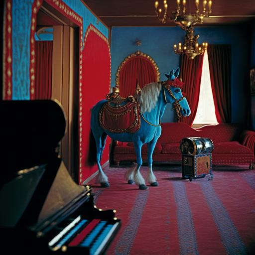 35mm film still of live saddled mule in interior of frank lloyd wright home with red carpets, blue walls, persian rugs, gold accents, red lanterns, musical instruments, carnival-inspired, maximalism, curved architecture