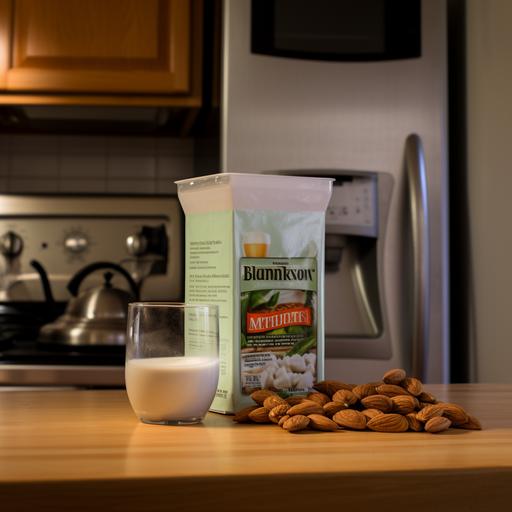 35mm photo, carton of almond milk and smoothie in blender on kitchen counter