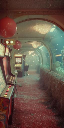 35mm photography, Kodachrome, vintage 1980s video game arcade interior, film grain, misty, smokey nostalgia, cobwebs, haunted lagoon, rich luxurious carpeting, smoke, underwater aquarium, scuba diving, Victorian wall to wall carpeting, moldy fuzz, particles floating, wood paneling, glitter, sparkles, midcentury modern design, hanging lamps, Victorian decor, fireworks, fireflies, ethereal, fuzzy glow, surreal, underwater aquatic view, cozy, glowing jellyfish, coral reef, overgrown flowers, moss, lichen, slot machines, pinball, mold, fungus, nostalgic haze, candles --ar 1:2 --v 6.0 --style raw