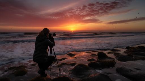 Een fotograaf met zonsondergang, een fotograaf staat op een hoge klif met zijn camera gericht op de ondergaande zon, de zee glinstert onder hem met zachte golven, de lucht is gevuld met warme oranje en roze tinten, Fotografie, Nikon D850 met een 85mm f/1.4 lens, --ar 16:9 --v 5.0